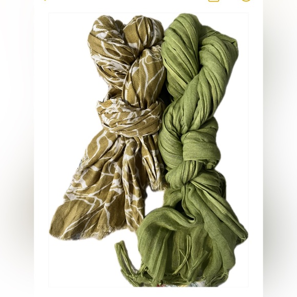 2 long broomstick crinkle scarves, viscose cotton linen blend green yellow/white - Picture 2 of 5
